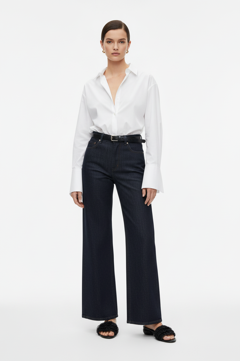 Black Ruffle Slide — Wide Leg Dark Jeans + White Shirt Editorial