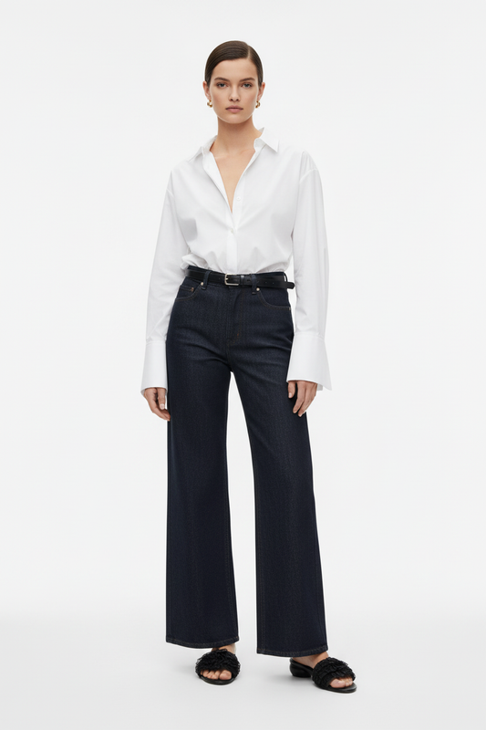 Black Ruffle Slide — Wide Leg Dark Jeans + White Shirt Editorial