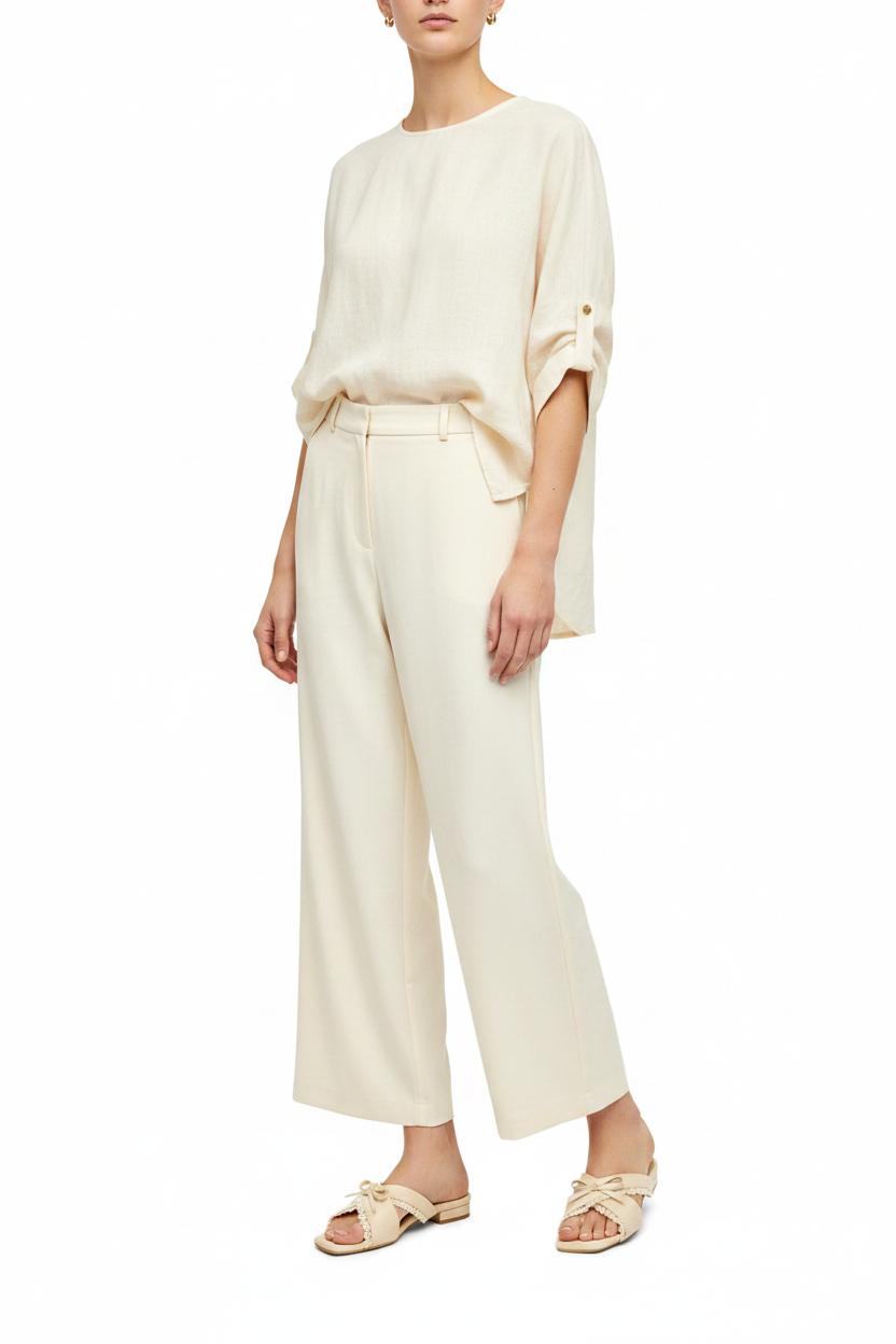 Cream Wide-Leg Trousers x Cream Lace Slide Editorial