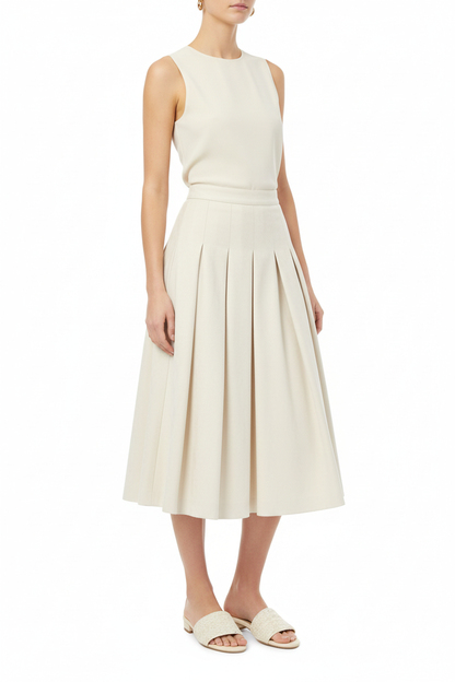 French Chic — Cream Pleated Skirt with Woven Slide Mules