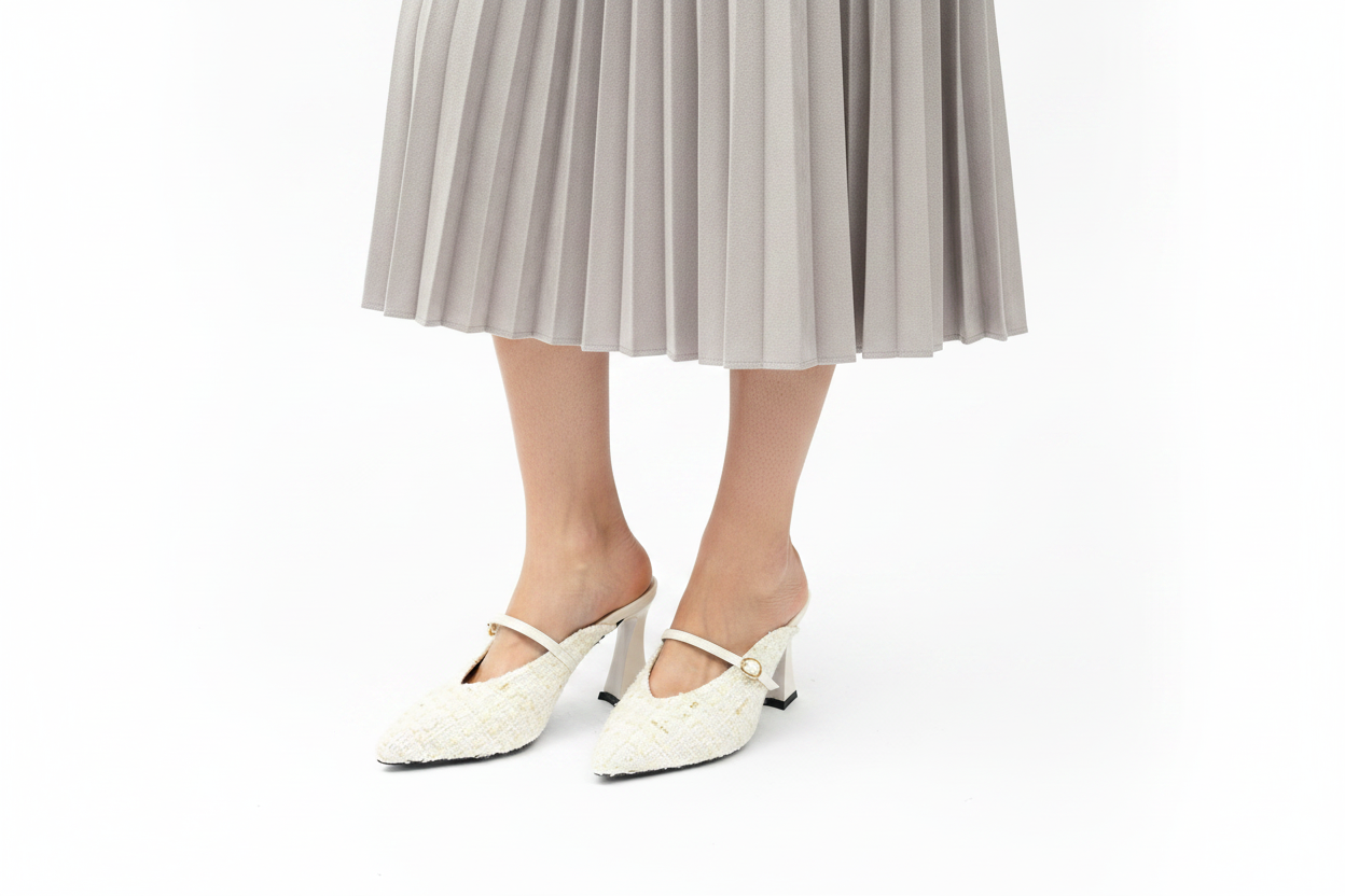 KRISS Ivory Tweed Mule Heels with Grey Pleated Skirt